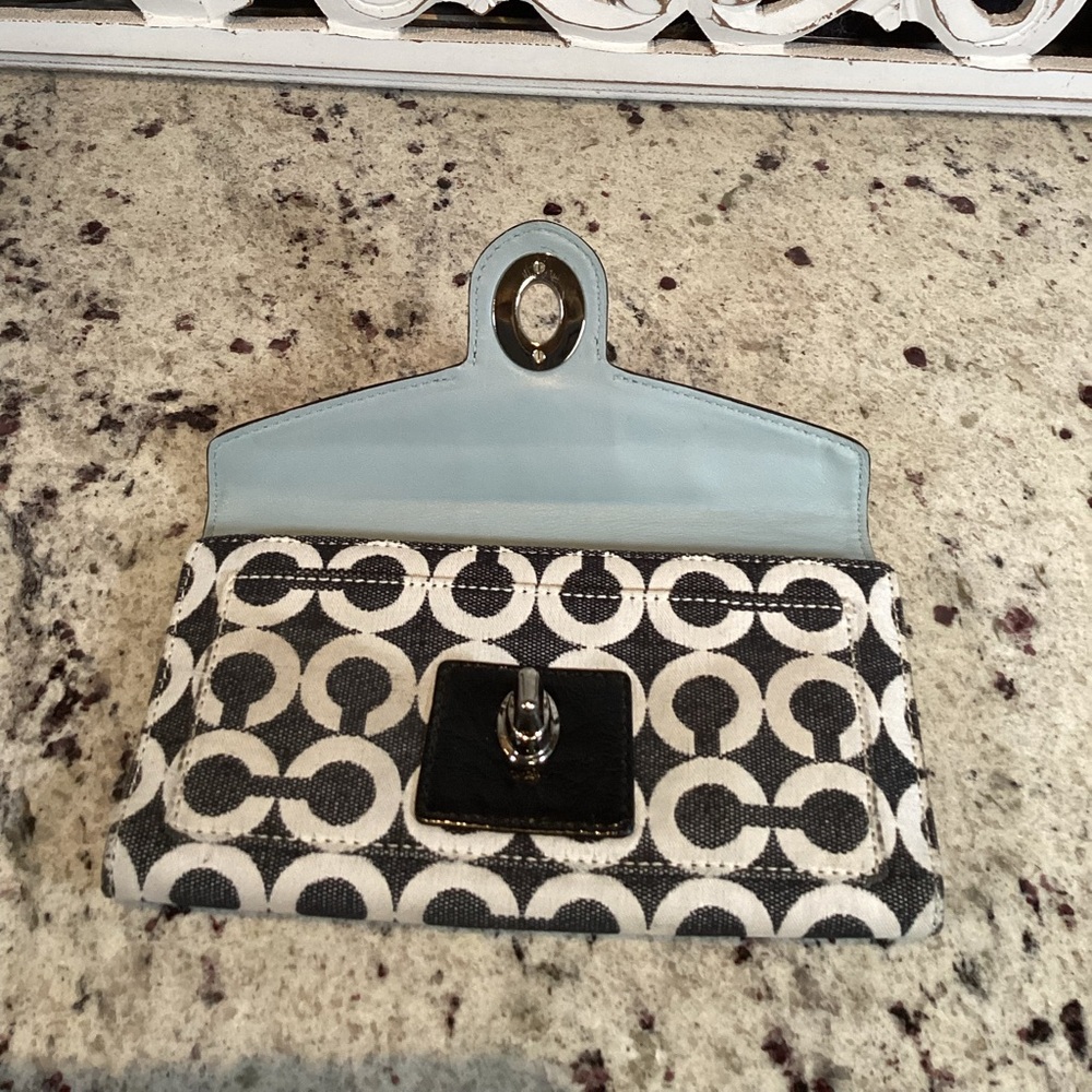 Coach Signature Black Leather Canvas Turn lock Checkbook Wallet - Picture 3 of 9